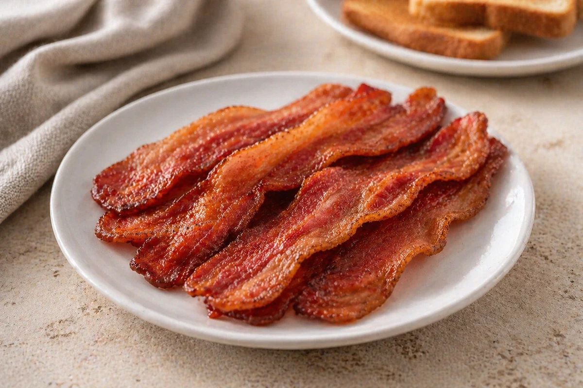 Crisp strips of air fryer bacon on a white plate with soft editorial lighting.