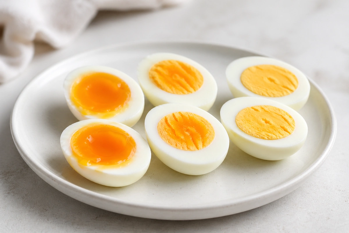 Peeled air fryer boiled eggs halved on a plate, showing soft yellow yolks against white, on a clean light background