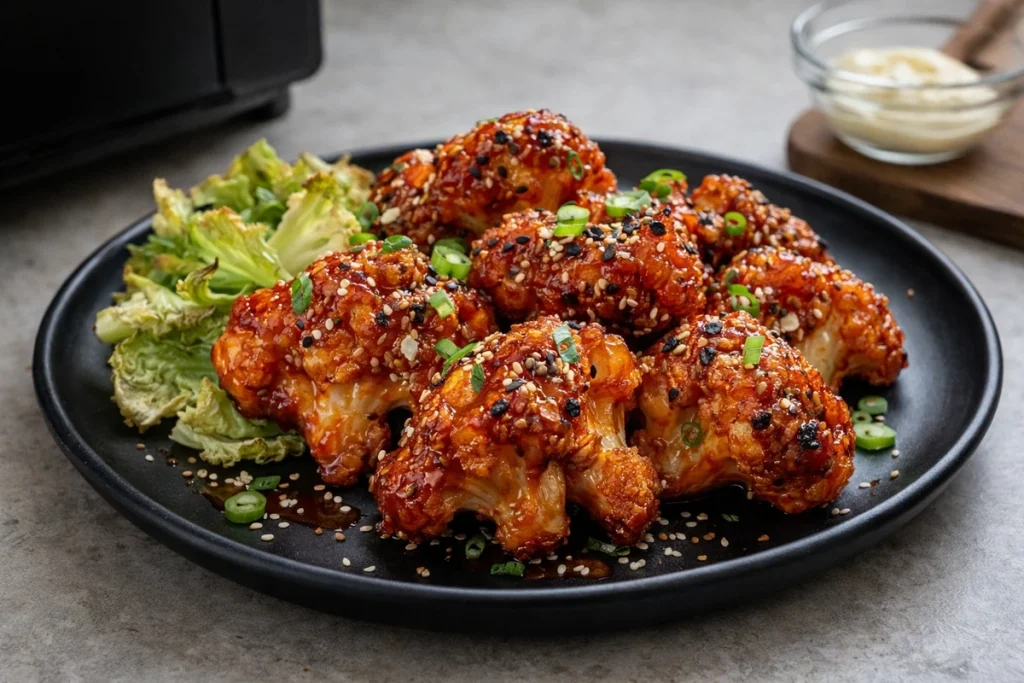 Air fryer gochujang cauliflower with browned edges on a neutral plate.