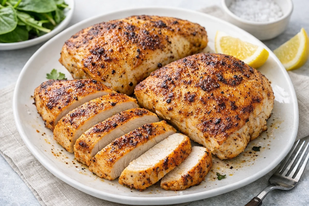 Air fryer chicken breast sliced on a plate, juicy and seasoned with garlic and smoked paprika