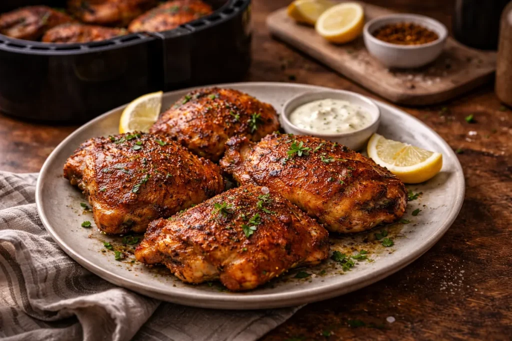 Air fryer chicken thighs with a garlic paprika rub on a neutral plate.