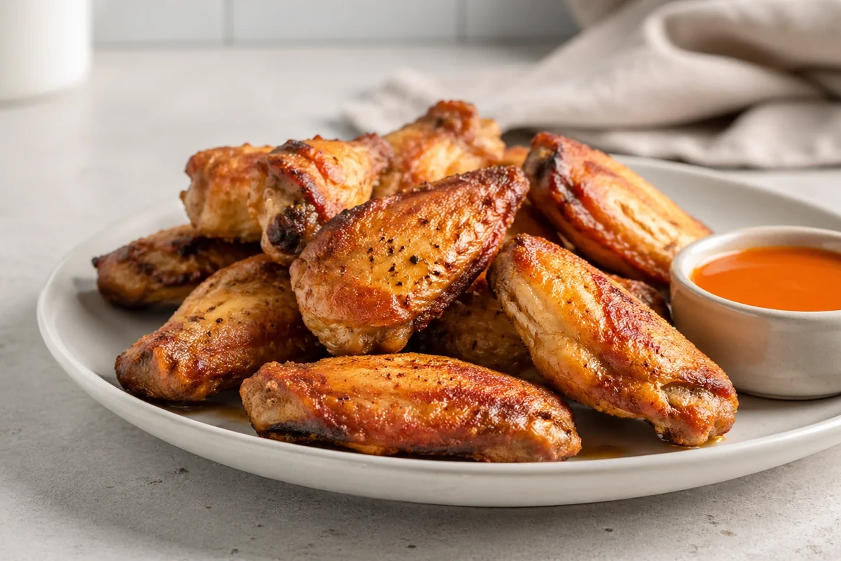 Crispy golden-brown air fryer chicken wings piled on a matte white ceramic plate, natural side-lighting, minimalist kitchen background, small neutral ramekin of dipping sauce