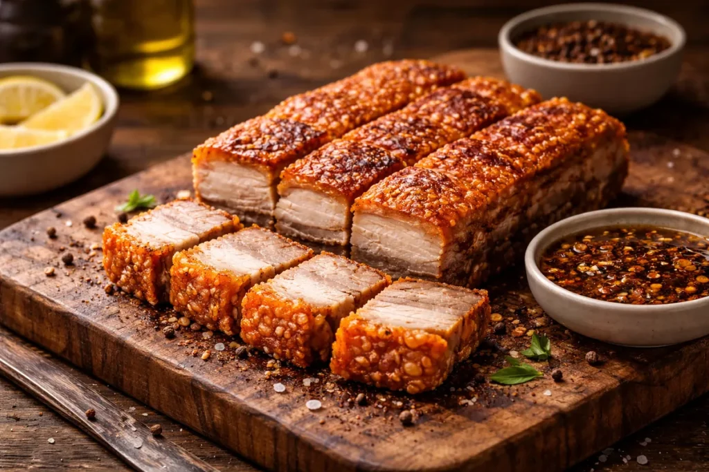 Crispy air fryer pork belly with golden crackling served on a neutral plate.