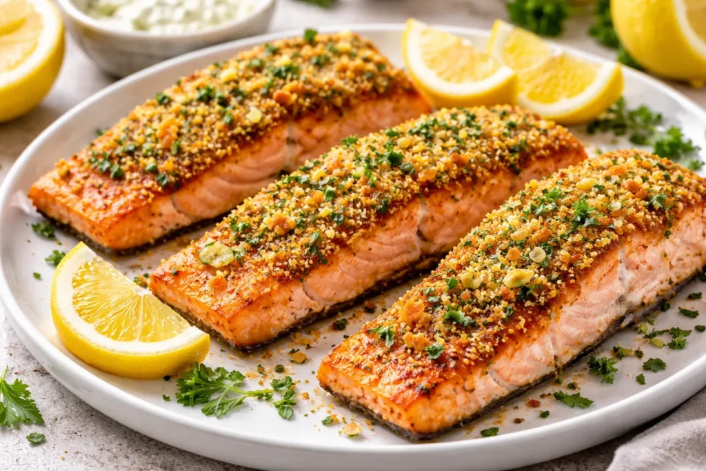 Crispy air fryer salmon with a lemon herb crust served on a neutral plate.