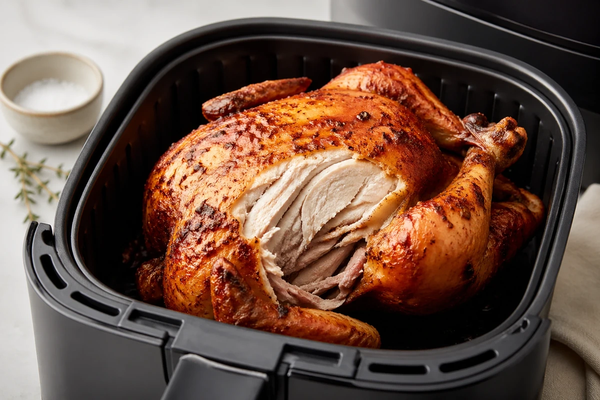 Golden whole chicken in air fryer basket, carved slightly to show juicy interior