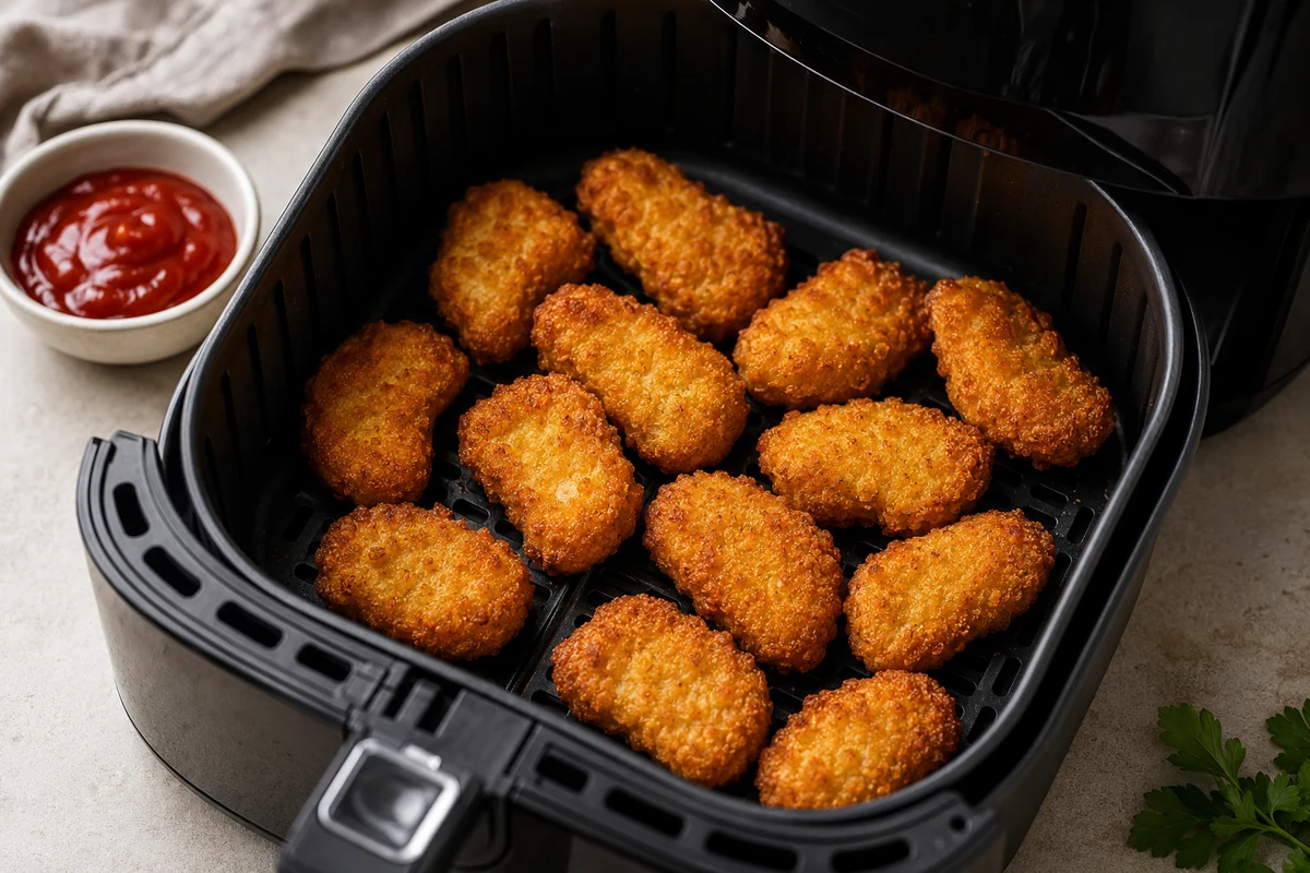 Crispy frozen chicken nuggets in an open air fryer basket with dipping sauce nearby