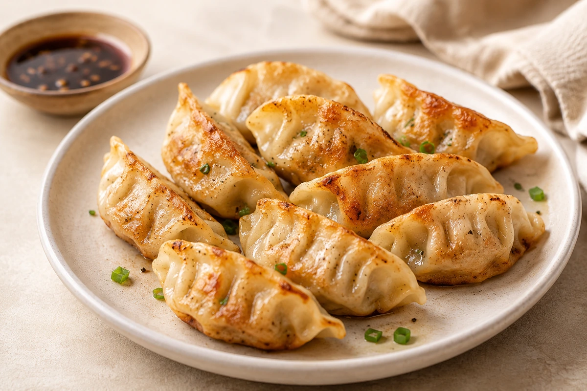 Crispy air fryer frozen potstickers on a plate with golden pleated edges