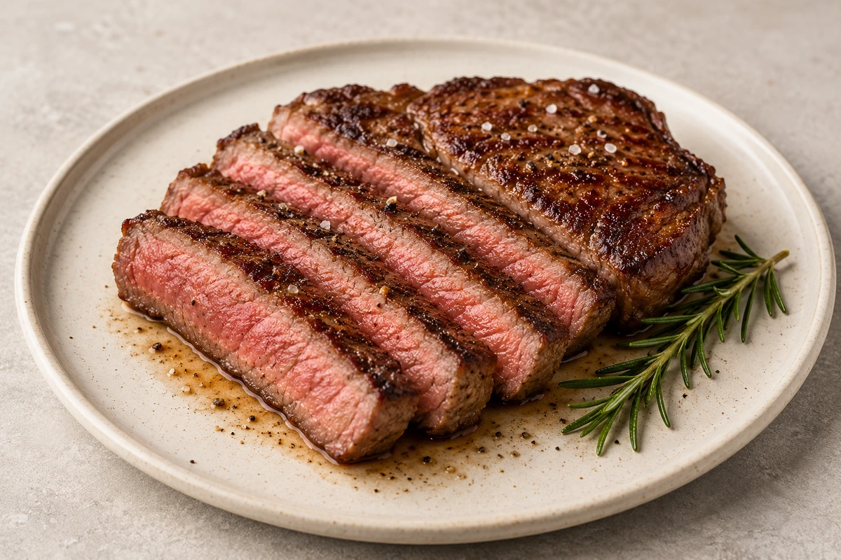 Sliced air fryer steak showing a medium-rare centre on a neutral plate