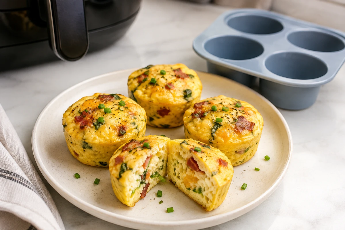 Air fryer egg bites with bacon and herbs on a ceramic plate
