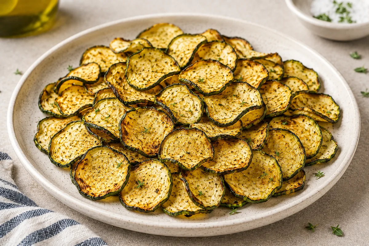 Air fryer zucchini chips with lightly browned edges on a white plate